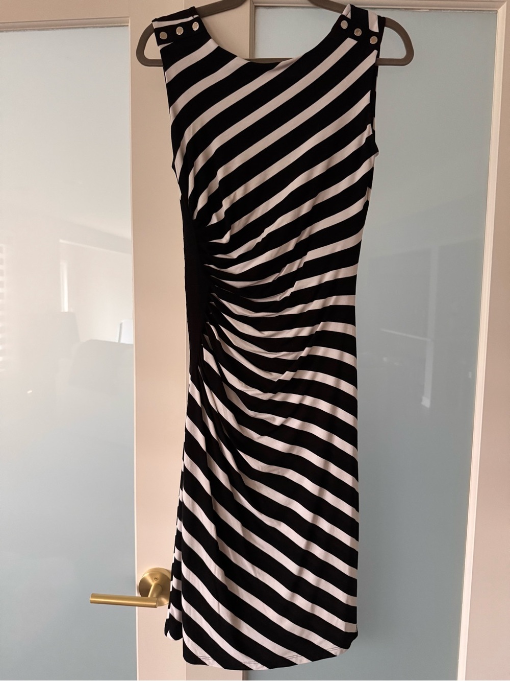 WHBM Black & White Striped Ruched Stretchy Dress